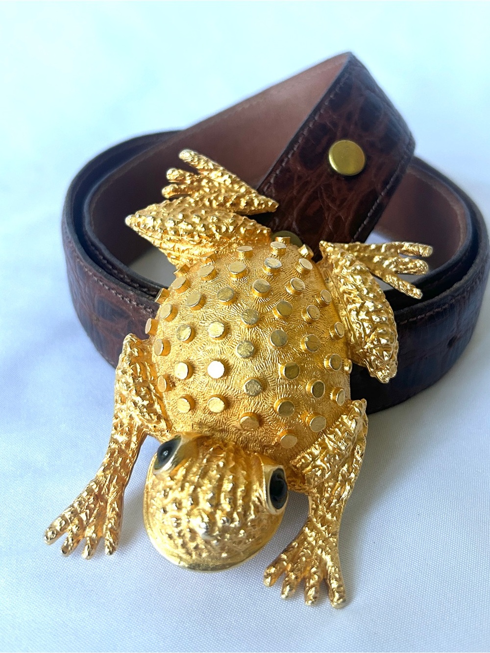 Vintage Gold Frog Belt Buckle Figural Susan Maddox Brown Aligator Belt 1994